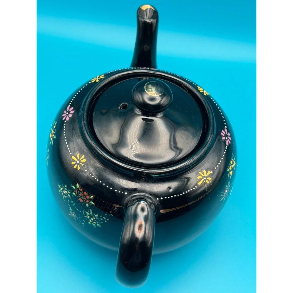 Vintage 1940s Japanese Moriage Redware Teapot Black‎ Floral Hand Painted Ceramic